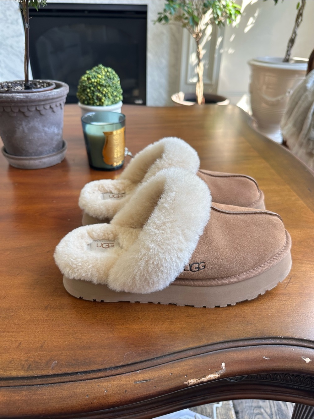 UGG Women’s Chestnut Suede Shearling Clog Slippers with Cream Lining